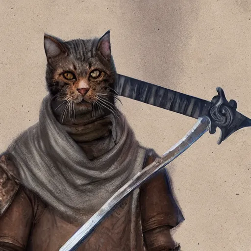 Image similar to a high detail shot of a dirty, homeless cat wearing rags, holstering sword, realism, 8 k, fantasy, d & d, concept art