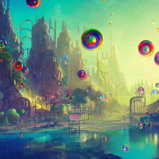 Image similar to a utopian city, filled with extremely colorful fauna, with bubbles floating around everywhere, dynamic lighting, fantasy concept art, trending on art station, stunning visuals, creative, cinematic, ultra detailed