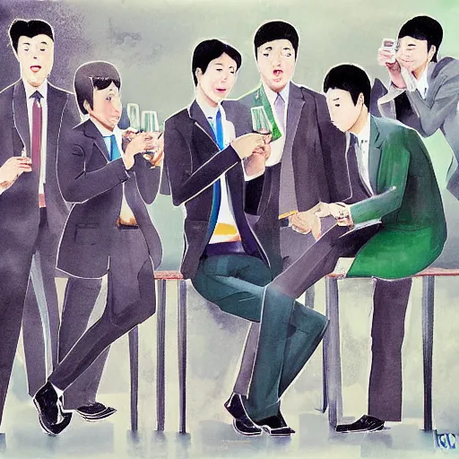 Image similar to korean business men drinking from green bottles by huskmitnavn