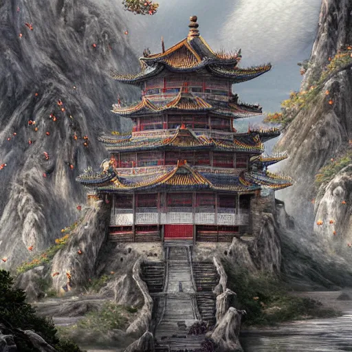 Image similar to dynamic composition, motion, ultra-detailed, incredibly detailed, a lot of details, amazing fine details and brush strokes, colorful and grayish palette, smooth, HD semirealistic anime CG concept art digital painting, watercolor oil painting of epic castle gate, from Three Kingdoms, by a Chinese artist at ArtStation, by Huang Guangjian, Fenghua Zhong, Ruan Jia, Xin Jin and Wei Chang. Realistic artwork of a Chinese videogame, gradients, gentle an harmonic grayish colors.