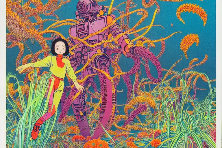 Image similar to risograph grainy drawing vintage sci - fi, satoshi kon color palette, gigantic gundam full - body covered with iridescent worms and plants 1 9 6 0, kodak, with lot tentacles and exotic flowers, natural colors, codex seraphinianus painting by moebius and satoshi kon and dirk dzimirsky