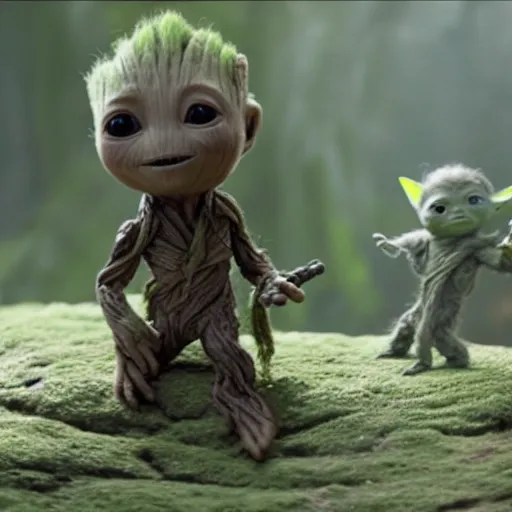 Prompt: Film still of Baby Groot chilling with Baby Yoda on Dagobah, from The Mandalorian (2019)