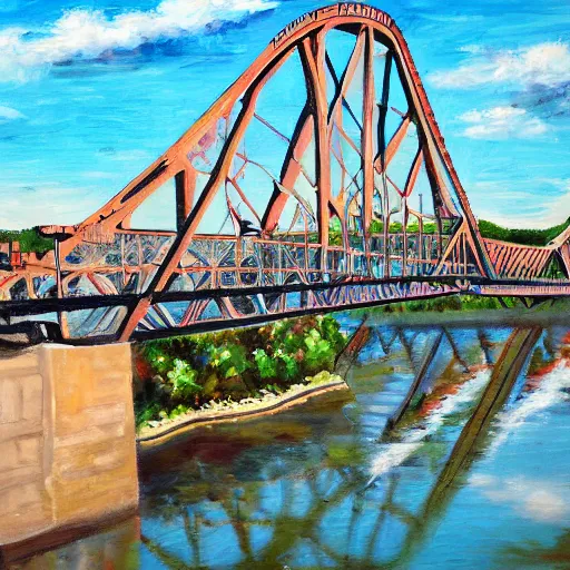 Image similar to chattanooga tennessee pic of walnut street bridge painting in style of herb ryman