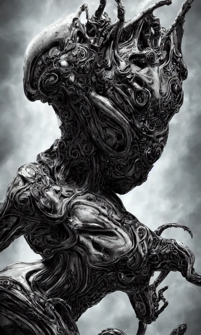 Image similar to engineer prometheus face by Artgerm, xenomorph alien, highly detailed, symmetrical long head, smooth marble surfaces, detailed ink illustration, raiden metal gear, cinematic smooth stone, deep aesthetic, concept art, post process, 4k, carved marble texture and silk cloth, latex skin, highly ornate intricate details, prometheus, evil, moody lighting, hr geiger, hayao miyazaki, indsutrial Steampunk