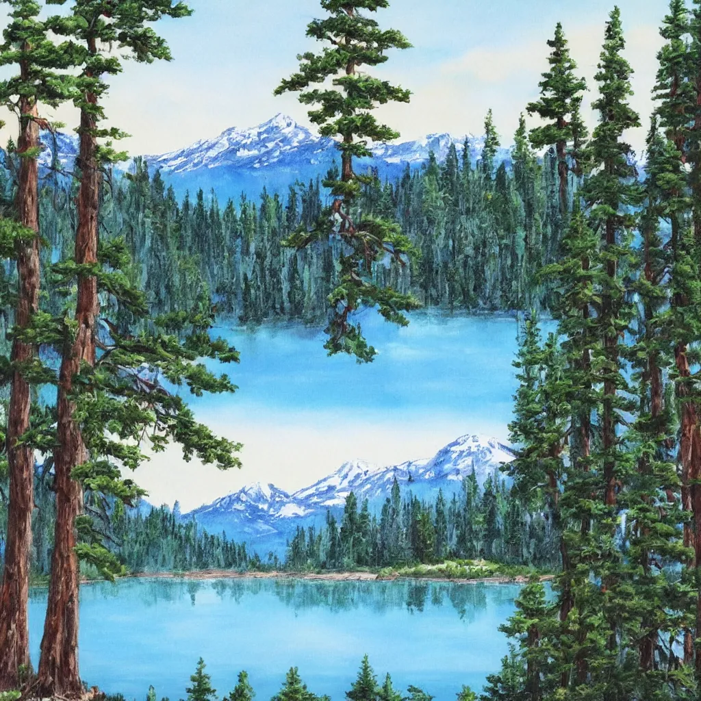 Image similar to a lake surrounded by pine trees with mountains in the background painted by Bob Ross