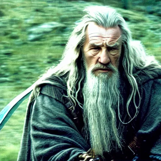 Image similar to Liam Neeson as Gandalf in the fellowship of the ring action sequence battle at Minas Tirith