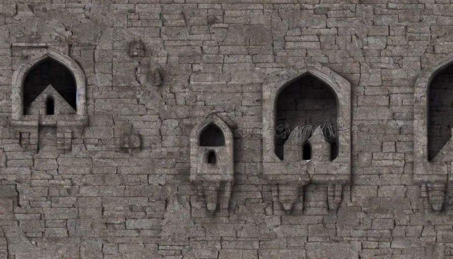 Prompt: the wall of a medieval castle with creepy gargoyles on the cornice, high quality, realistic digital illustration