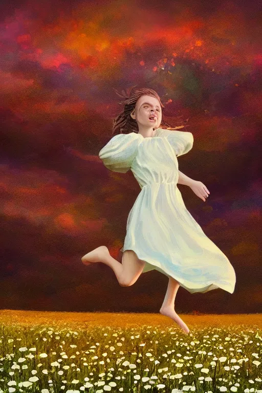 Image similar to giant white daisy flower head, girl jumping in a flower field, surreal photography, sunrise, dramatic light, impressionist painting, colorful clouds, digital painting, artstation, simon stalenhag