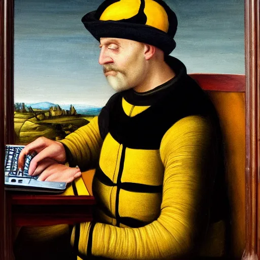 Image similar to tired man in a bumblebee suit sips a coffee in front of a laptop, highly detailed, masterpiece, renaissance, oil on canvas