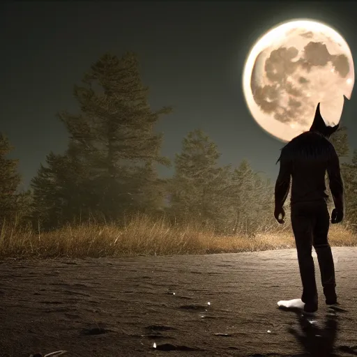 Prompt: man transforming into a werewolf under the moon with black soft realistic fur, ultra detail, unreal engine, 8 k