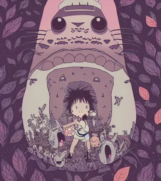 Prompt: portrait, nightmare anomalies, leaves with totoro by miyazaki, violet and pink and white palette, illustration, kenneth blom, mental alchemy, james jean, pablo amaringo, naudline pierre, contemporary art, hyper detailed