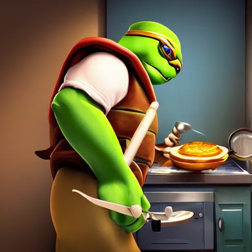 Image similar to teenage mutant ninja turtle with frying pan near kitchen stove, wearing chef hat, frying nails, volumetric lighting, realistic, photo, artstation