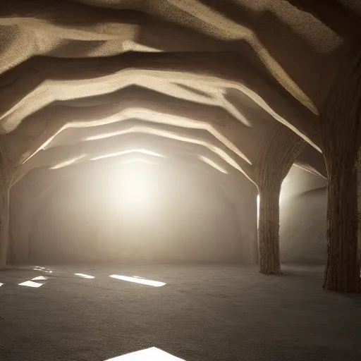 Image similar to a photo of the interior of a vast vaulted structure made of driftwood, the structure is infinite, volumetric lighting, light rays, photorealistic, ultrarealistic, coronarender, 8k