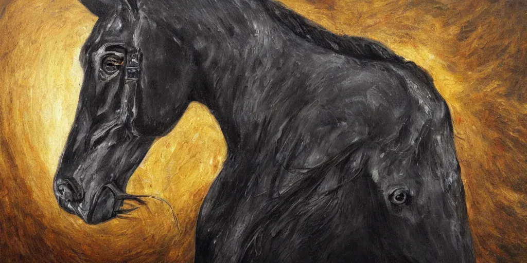 Prompt: a black horse with eight legs and lightning for eyes, majestic, powerful, extreme detail, fine art, oil painting