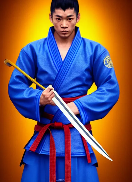 Image similar to male martial artist with a high ponytail, holding a sabre!!! asian facial features and blue eyes!! intricate ornate blue robes!! character concept art, sharp focus, octane render! unreal engine 5! highly rendered!! trending on artstation!! detailed linework!! illustration by artgerm, wlop, and chie yoshii