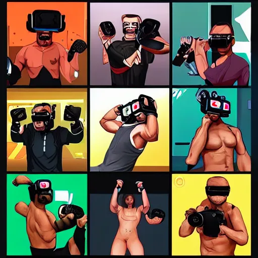 Prompt: wrestler characters wearing vr goggles, gta cover, apex legends trending on artstation, digital illustration