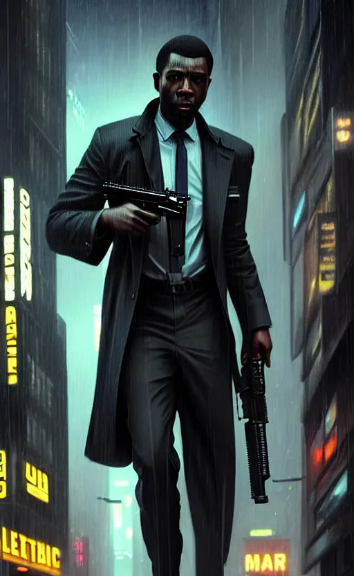 Prompt: hyper - realistic, digital matte painting of an attractive black male detective holding a blaster, wearing a suit and trench coat, blade runner city, cinematic lighting, 4 k textures, sharp focus, by greg rutkowski, by ilya kuvshinov, by eric - anthony johnson