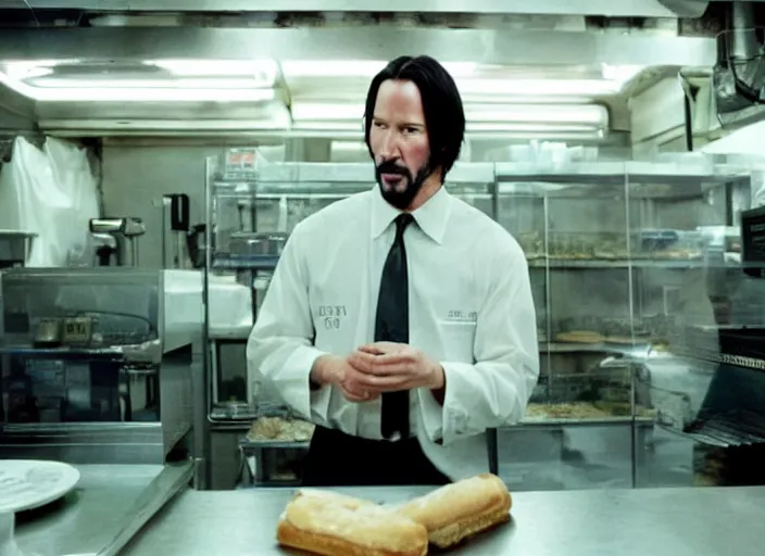 Image similar to film still of keanu reeves as agent smith working in a bakery in the new matrix movie, 4 k