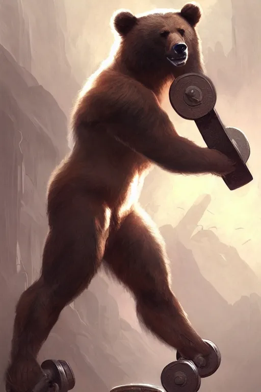 Image similar to anthro bear lifting weights, dim dingy gym, dynamic pose, fantasy, intricate, elegant, highly detailed, digital painting, artstation, concept art, matte, sharp focus, illustration, art by artgerm and greg rutkowski and alphonse mucha