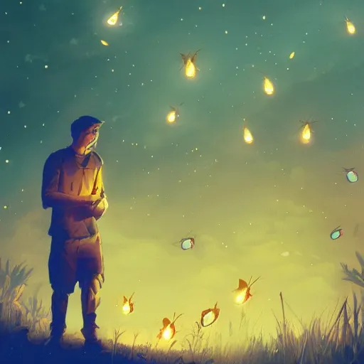 Image similar to man surrounded by fireflies, artstation