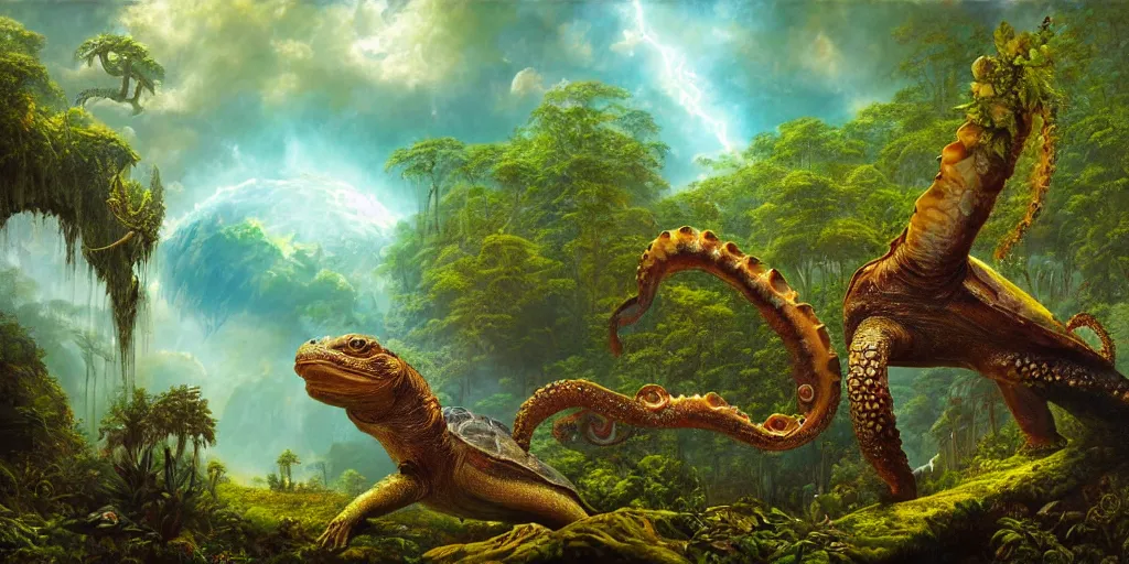 Image similar to fantasy oil painting, great leviathan, turtle cephalopod terrapin reptilian pachyderm amphibian hybrid, rainforest mountains, lush plants flowers, epic natural light, bright clouds, luminous sky, outer worlds, cinematic lighting, michael whelan, michael cheval, vray, 8 k hd