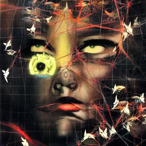 Prompt: a daydreaming hacker is surrounded by birds, neon virtual networks, and information visualization, oil on canvas by dave mckean and yoji shinkawa