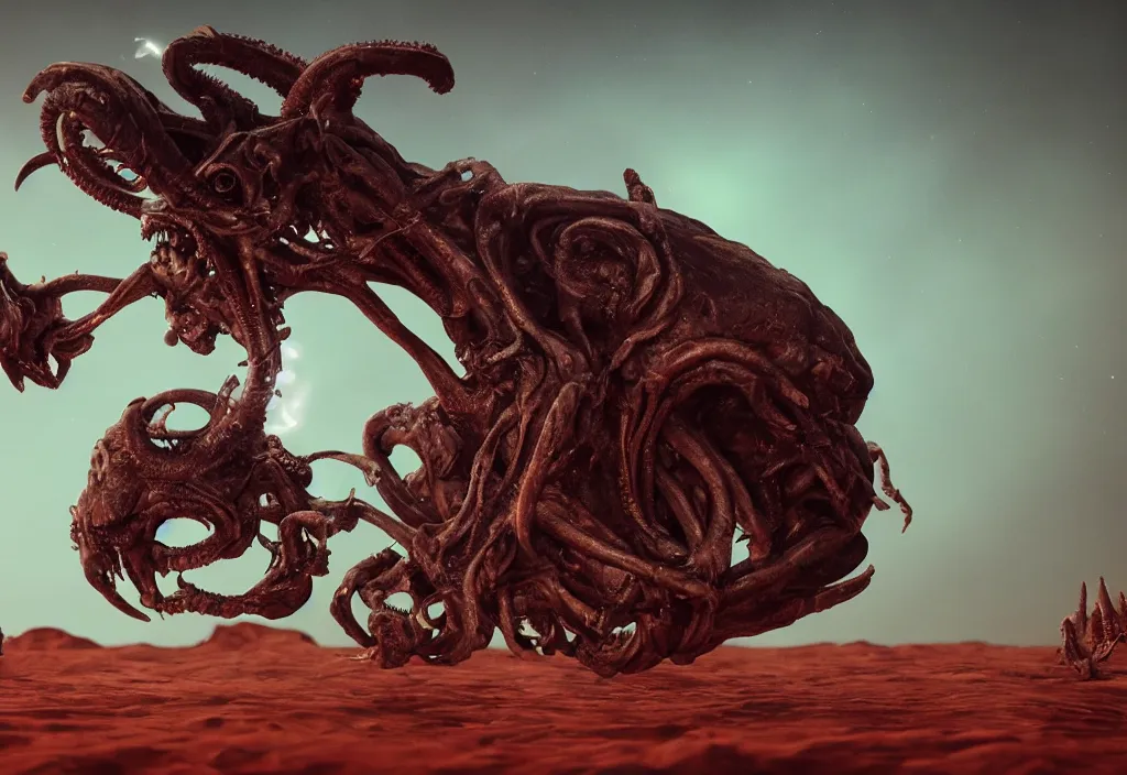 Prompt: eldritch animal alien skull in a dessert in mars, cinematic lighting, octane tender, volumetric light, dark - art