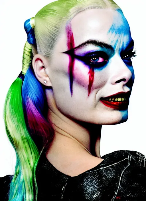 Prompt: 2 8 mm side portrait of beautiful suicide squad happy margot robbie with long white hair that looks like harley quinn, gotham city double exposure, angry frown, glamour pose, watercolor, frank miller, moebius, jim lee, annie leibowitz