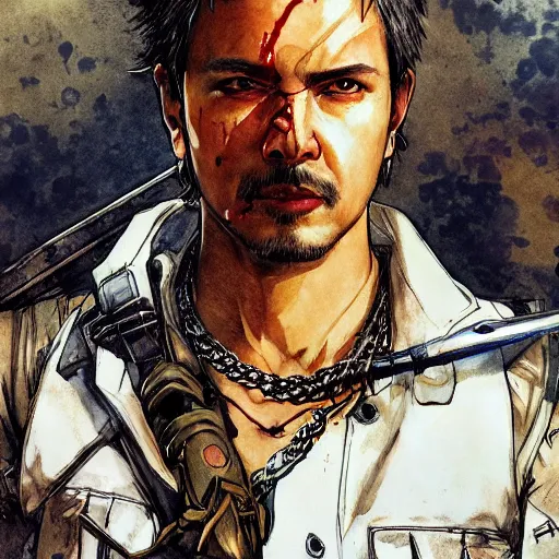 Prompt: portrait of a hero holding his sword in front of his face by yoji shinkawa, high quality, extra details, realism, ornate, colored, golden chain, blood, white skin, short hair, brown eyes, vivid, sunlight, dynamic, american man, freedom, white american soldier, pencil art