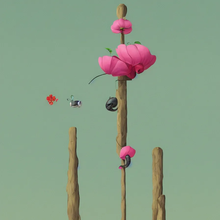 Image similar to Side view of a snail climbing up the pole of the tallest flower in the field, art by Goro Fujita