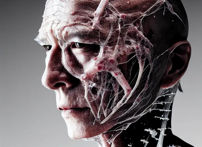 Image similar to mid shot portrait of samurai in battle, transparent skin, bones, muscle, veins, nerves, in the style of david cronenberg, high fashion, id magazine, realistic, sharp focus, 8 k high definition, film photography, photo realistic, insanely detailed, by david kostic and stanley lau and artgerm