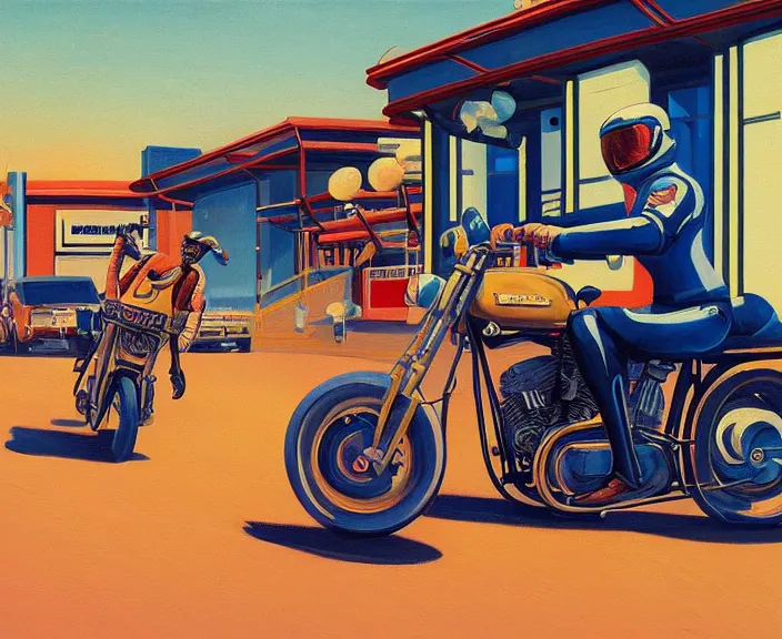 Image similar to a very detailed painting of a astronaut wearing a suit, riding a motorbike down a street, harley davidson motorbike, worm's - eye view, very fine brush strokes, very aesthetic, very futuristic, in the style of edward hopper and grant wood and syd mead, 4 k,