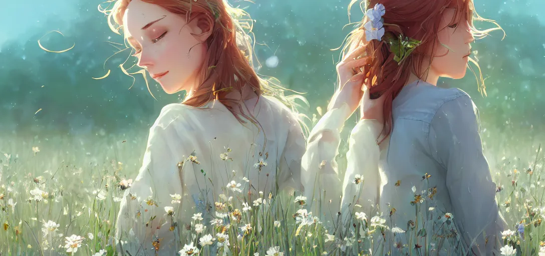 Image similar to a beautiful southern woman named Savannah, innocent, somber turquoise eyes, freckles, long ginger hair tied with white ribbon, relaxed in a field of flowers on a farm, gentle lighting, storm in the distance, western clothing, dress, digital art by Makoto Shinkai ilya kuvshinov and Wojtek Fus, digital art, concept art,