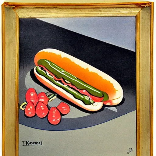 Prompt: beautiful vintage hot dog painting by isami kondo