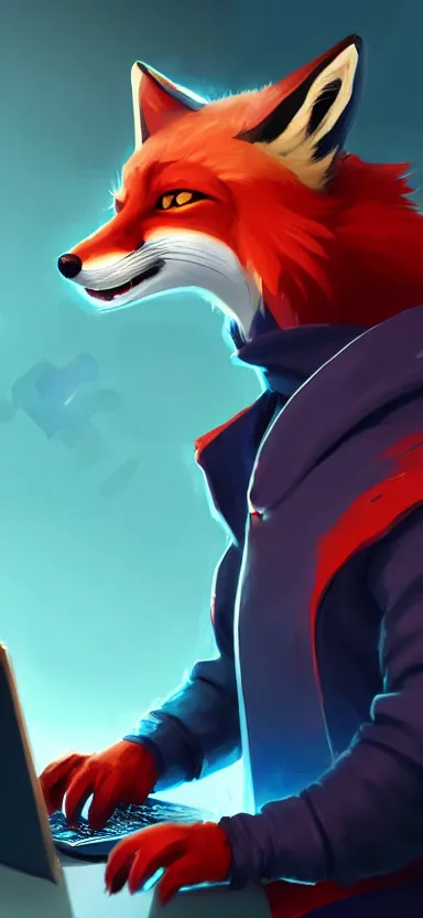 Image similar to a league of legends concept art of an anthropomorphic red fox in a blue hoodie hacking a portable computer, front view, hacker emblem, artstation, digital art, oc commission, style by jordan grimmer and greg rutkowski, 4 k resolution