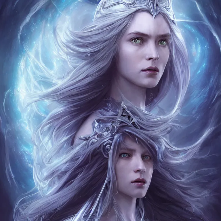 Image similar to beautiful cinematic fantasy poster, sci-fi, a beautiful female ghost with brilliant silver flowing hair and a brilliant jeweled silver helm, beautiful white glowing eyes, wideshot ultrawide angle epic scale, hybrid from The Elden Ring and art direction by Darius Zawadzki ;by artgerm; wayne reynolds art station; cinematic quality character render; low angle; ultra high quality model; production quality cinema model;