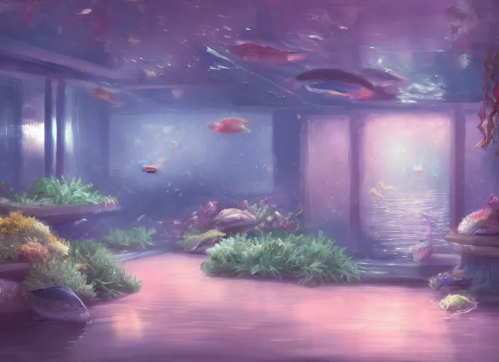 Image similar to placid pastel morning cozy moody cluttered painterly fluffy tiny cramped aquatic pet store, lots of aquariums, slanted ceiling, tiny space, particulate, trending on pixiv