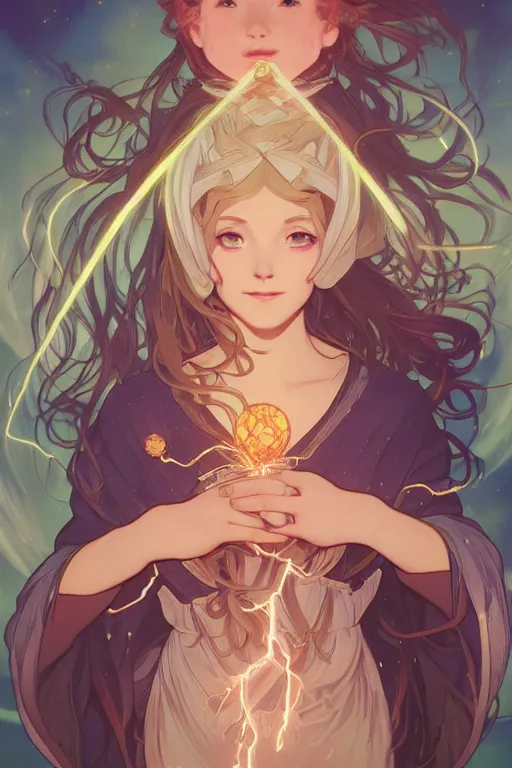 Image similar to a cute wizard girl conjuring a lightening ball, character art portrait, anime key visual, official media, illustrated by alphonse mucha, wlop, extremely detailed, 8 k, trending on artstation, cinematic lighting, beautiful