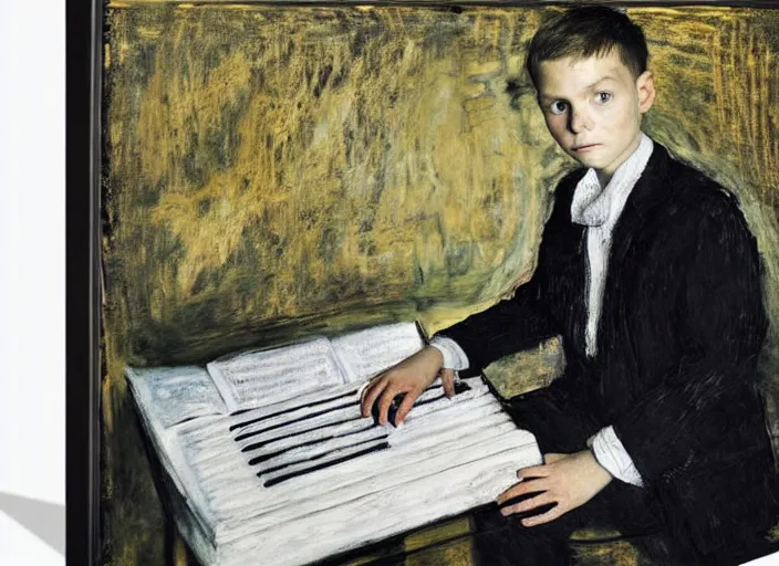 Image similar to portrait of a child piano player in suit waiting, vincent lefevre and hernan bas and pat steir and hilma af klint, psychological, photorealistic, dripping paint, washy brush, rendered in octane, altermodern, masterpiece