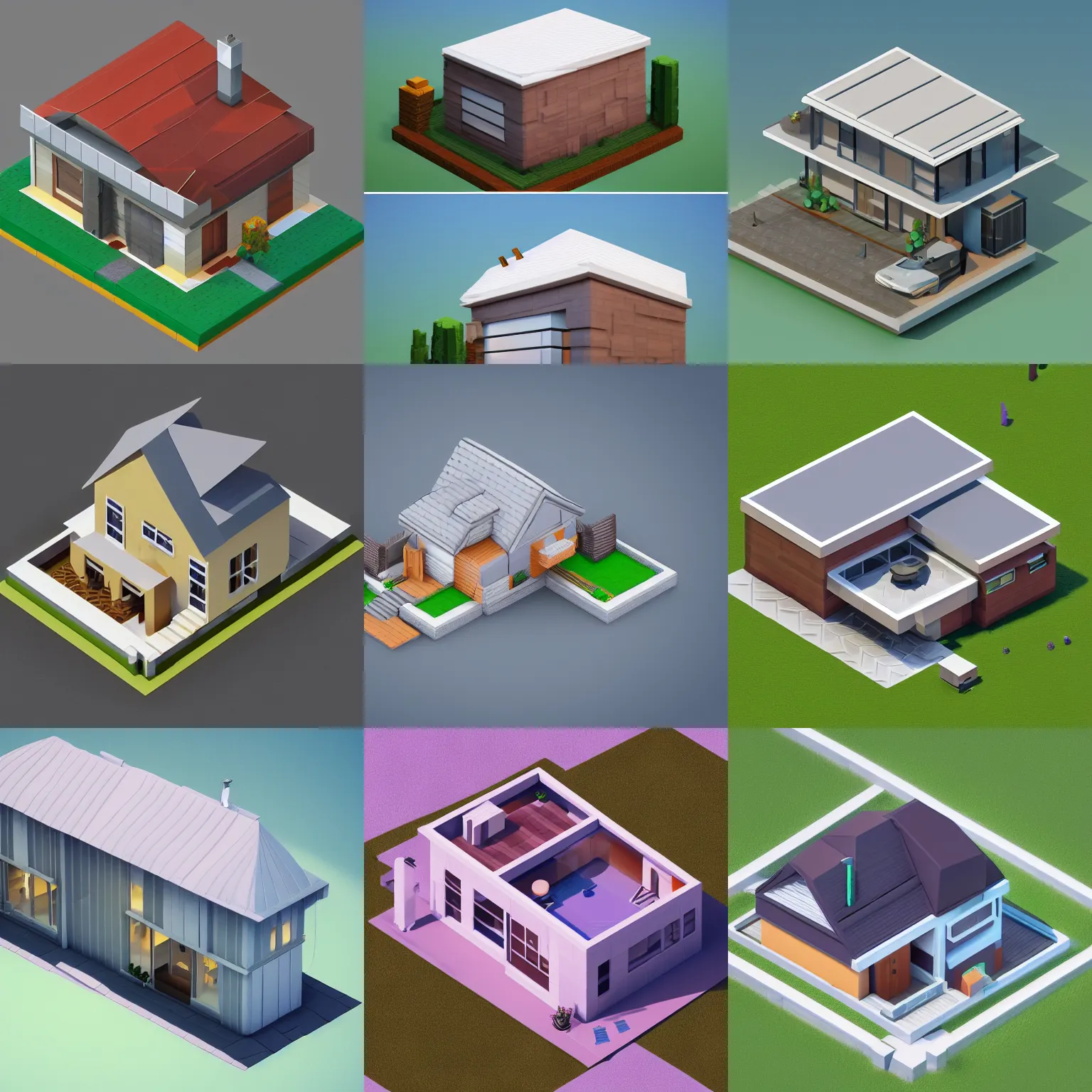 Prompt: isometric modern house, gambrel roof building, a low poly render, by senior environment artist, polycount, pixel art, isometric, voxel art, artstation