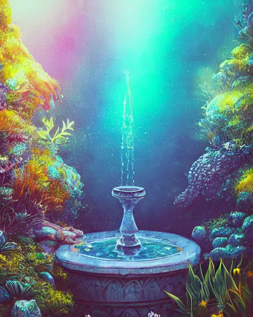 Prompt: organic spring fountain garden bokeh sparkles alena aenami rossdraws ferdinand knab oceanic underwater aura