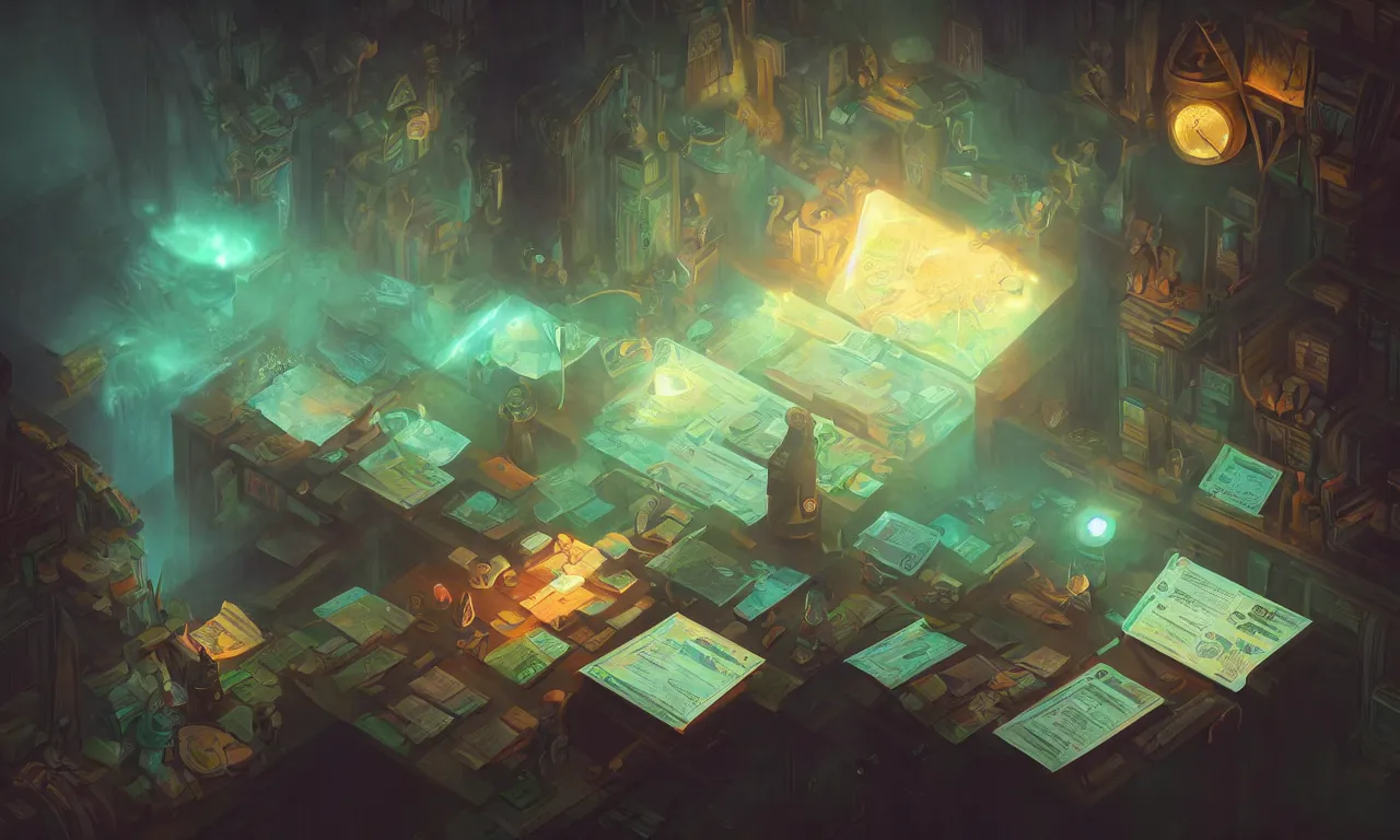 Image similar to workstations, kerberos realm, faked ticket close up, wizard reading a directory, nordic forest colors, 3 d art, digital illustration, perfect lighting