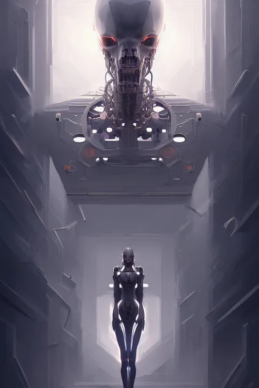 Image similar to professional concept art symmetrical portrait of a ominous floating!! mechanical ai terrifying!! thing in a dark room by artgerm and greg rutkowski. an intricate, elegant, highly detailed digital painting, concept art, smooth, sharp focus, illustration, in the style of cam sykes.