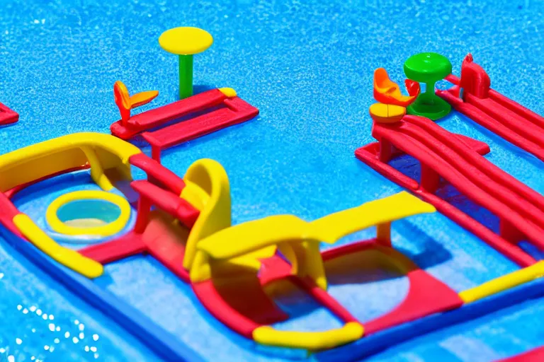 Image similar to fisher price public pool, california, in 2 0 1 5, 8 k, scene from tv show hyper detailed 5 5 mm 8 5 mm, toy photography, made out of plastic