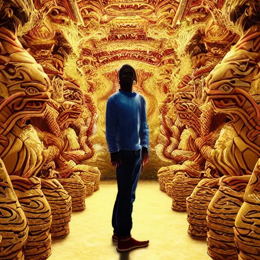 Image similar to !dream Photorealistic man standing inside a temple made of snakes. Hyperdetailed photorealism, 108 megapixels, amazing depth, glowing rich colors, powerful imagery, psychedelic Overtones