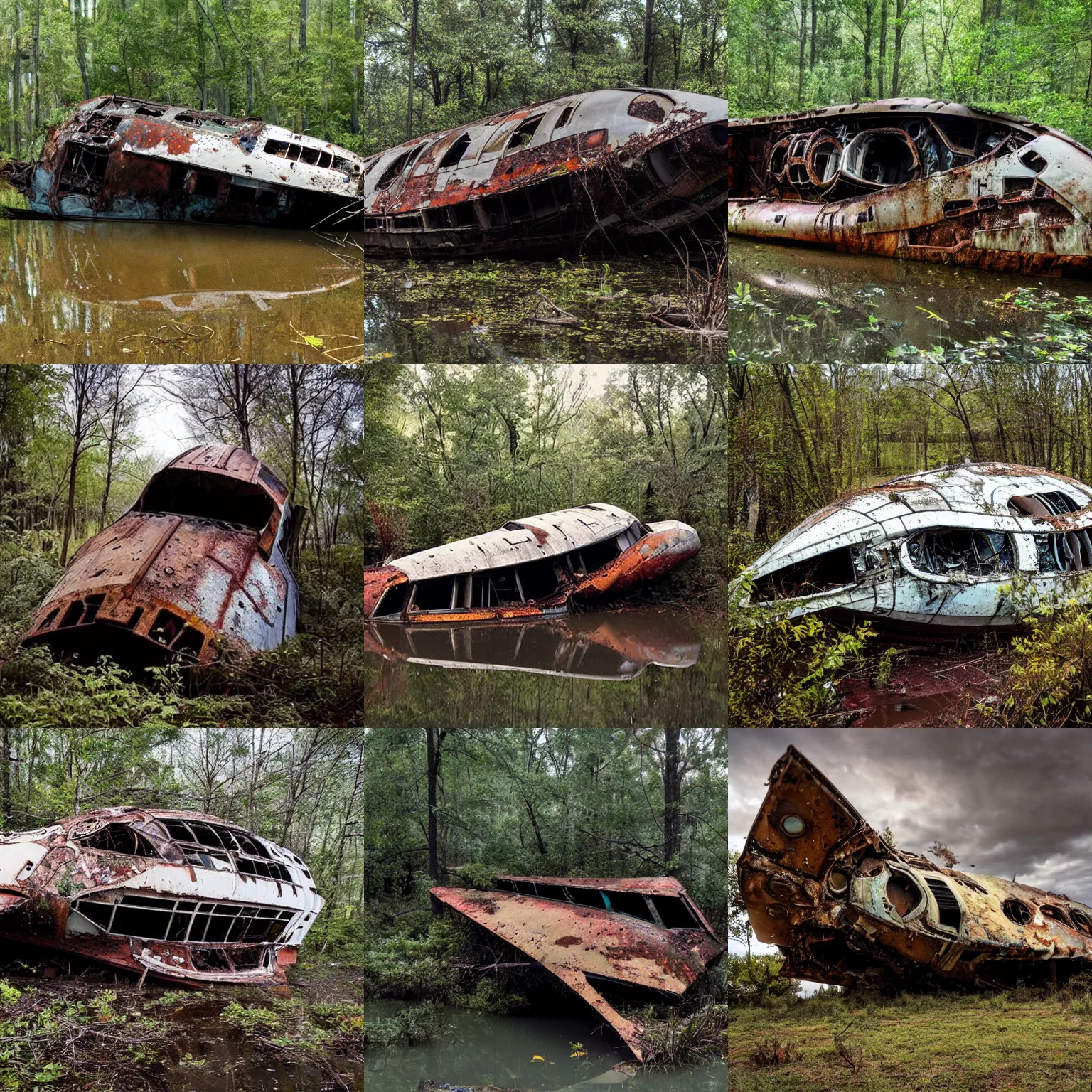 Prompt: photograph of a crashed rusted abandoned starship in a swamp