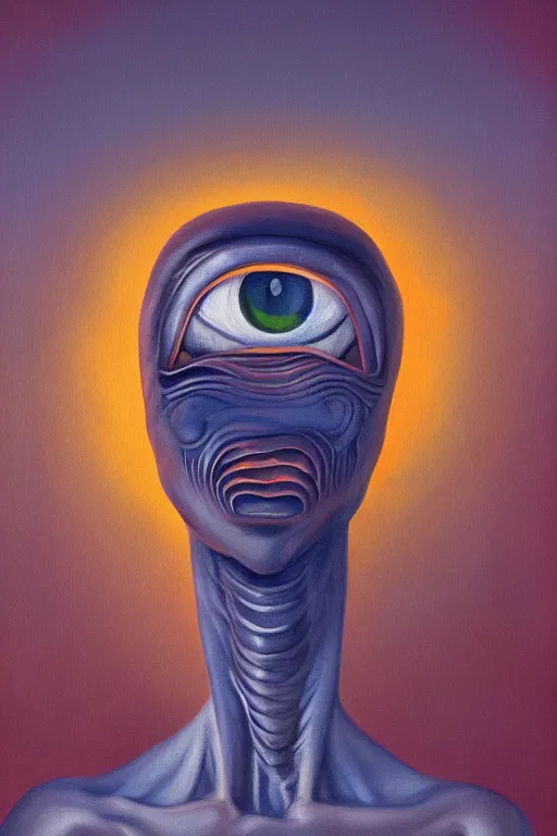 Prompt: a professionally painted portrait of an alien, large eyes, friendly, symmetry, golden hour, 8k, HD