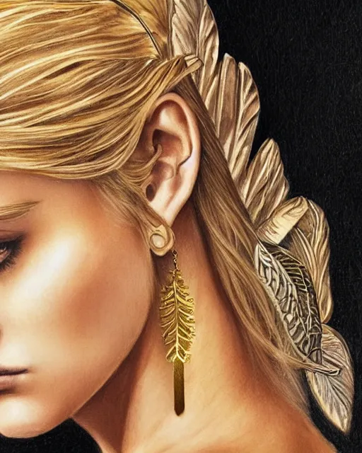 Prompt: realism tattoo sketch of beautiful super model aphrodite greek goddess wearing a gold laurel wreath and triangle earrings,, beautiful piercing gaze with sharp pupils, beautiful blonde hair, in the style of greg rutkowski, fantasy, amazing detail, epic, elegant, smooth, sharp focus, front view