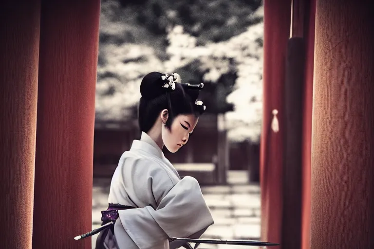 Prompt: beautiful photo of a young modern geisha samurai practising the sword in a traditional japanese temple, mid action swing, beautiful eyes, shining silver katana sword, award winning photo, muted pastels, action photography, 1 / 1 2 5 shutter speed, dramatic lighting, anime set style
