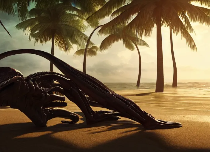 Prompt: a xenomorph alien relaxing on a beach in jamaica, cinematic lighting, directed by dennis villeneuve, national geographic, award winning, concept art, artstation, unreal engine, game screenshot